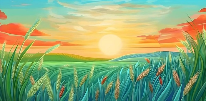 农田庄稼小麦玉米地夕阳晚霞绿色背景