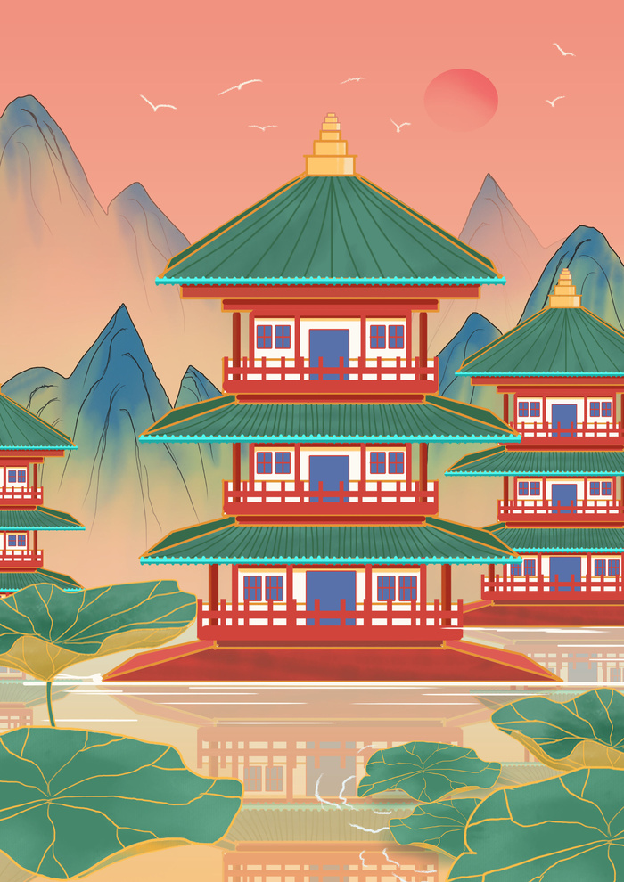 中国风国潮古建筑地标城市古风建筑阁楼印象地标手绘插画PSD素材