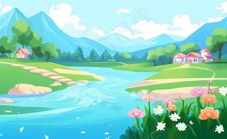 乡村村庄美丽风景河流插画农田插画背景