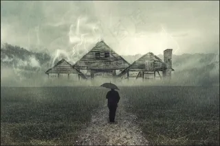 暴雨木屋背影