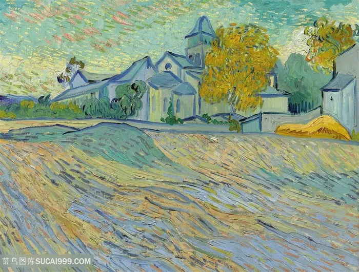 梵高村庄与麦田风景油画图片