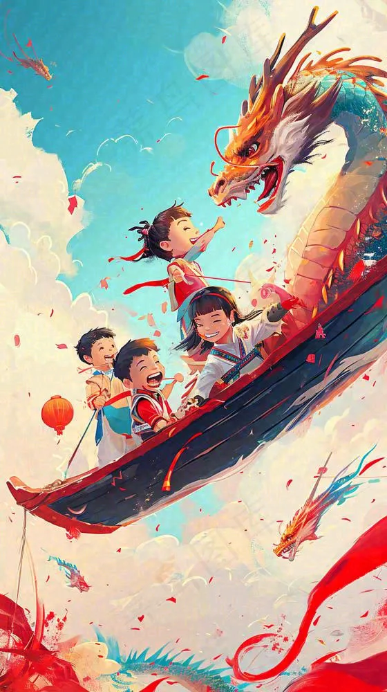 海面上龙船开船手绘插画，孩子人物，蓝天白云古风(816x1456)