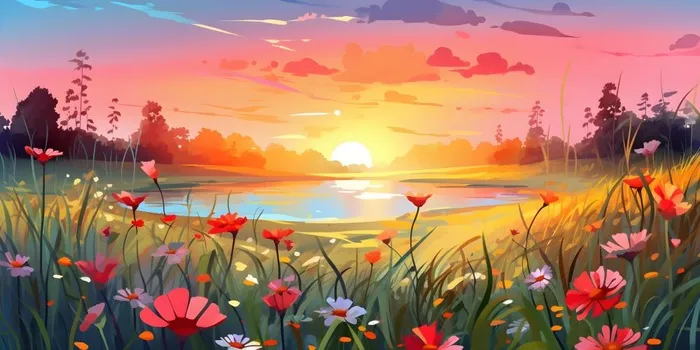 春天夕阳花丛草丛森林手绘插画海报素材背景(6144x3072)