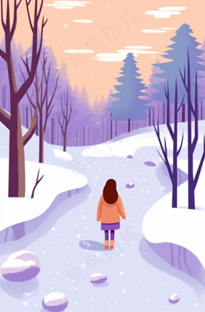 冬天下雪女孩走在森林的道路白雪紫粉色卡通插画背景(896x1360)