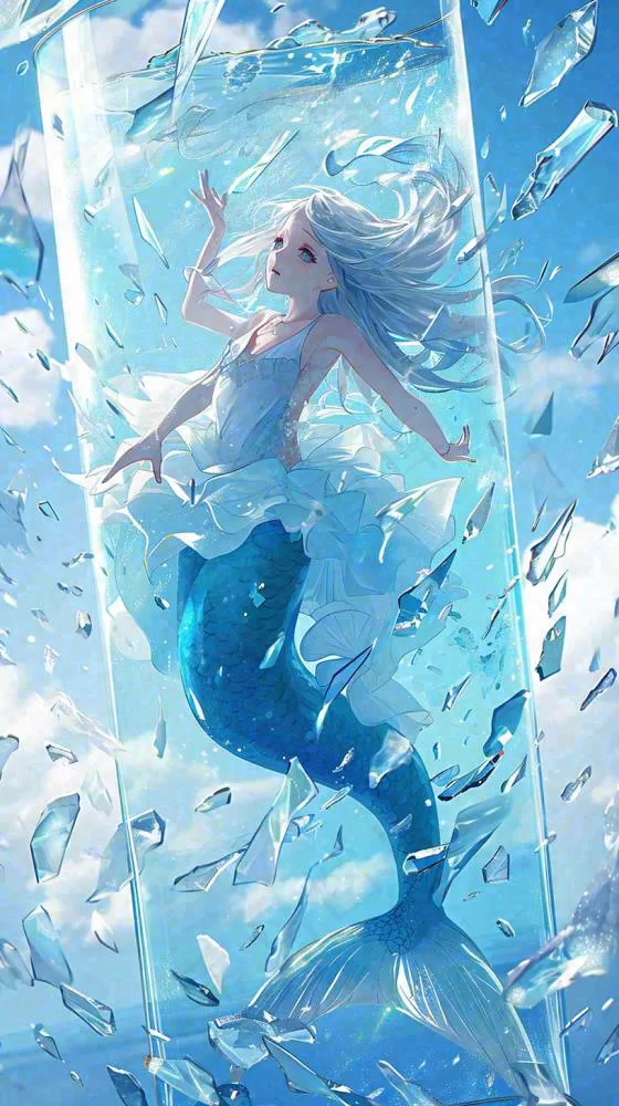 蓝色水面美人鱼，鱼类少女动漫漫画手绘插画(816x1456)