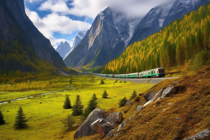 穿梭在雪山森林草甸的火车摄影图