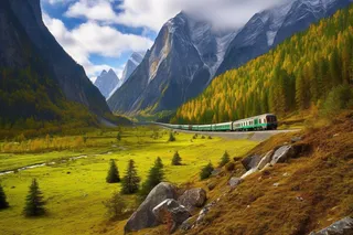 穿梭在雪山森林草甸的火车摄影图