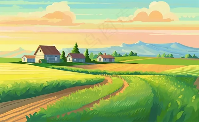 乡村村庄美丽风景河流插画农田插画背景(1408x864)
