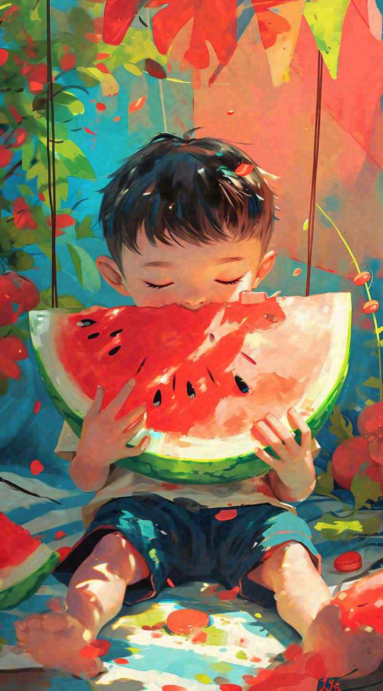 夏日清凉阳光男孩吃西瓜油画手绘插画，儿童节夏至大暑小暑(816x1472)