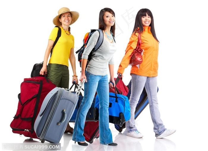 旅游出行广告素材 拿着旅行包快乐出行的美女们