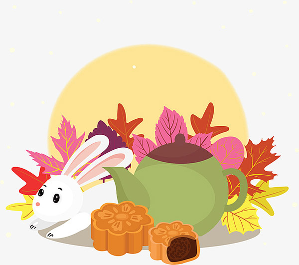 手绘卡通中秋圆月月饼玉兔