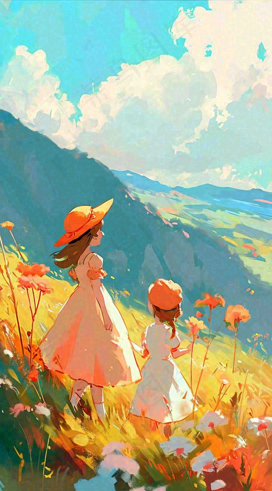 油画女孩春天踏青郊游山脉鲜花草地，春分，插画手绘