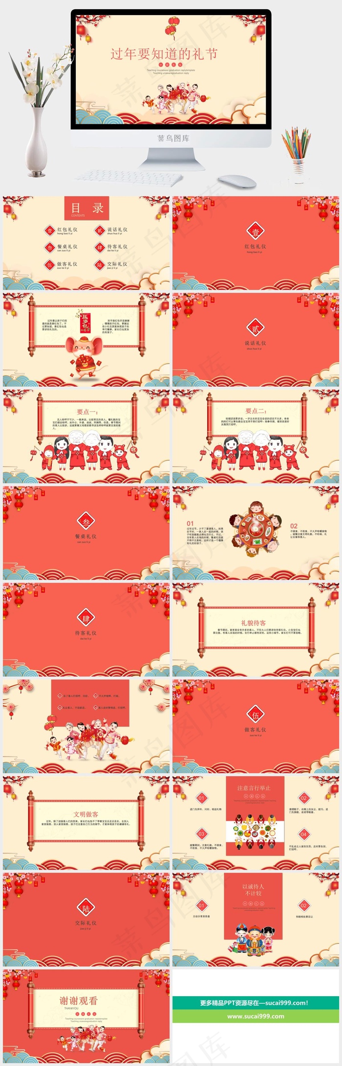 黄色卡通春节节日习俗介绍ppt模版