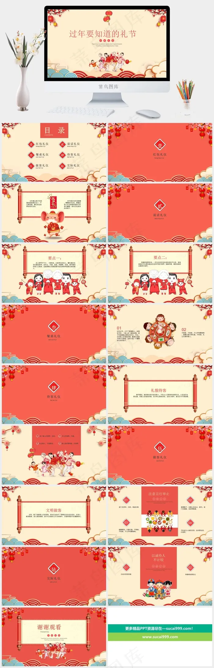 黄色卡通春节节日习俗介绍ppt模版