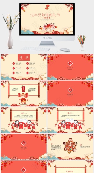 黄色卡通春节节日习俗介绍ppt模版预览图