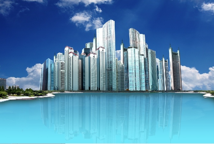 城市大河蓝天背景墙