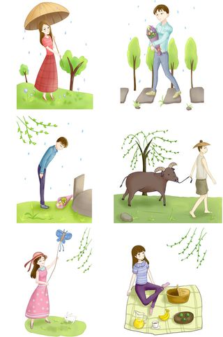 清明节青团卡通踏青人物男女孩放牛娃元素春季春游PSD设计PNG素材