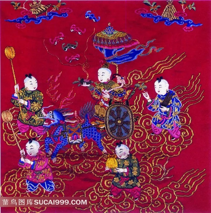 孩童麒麟祥云图案刺绣