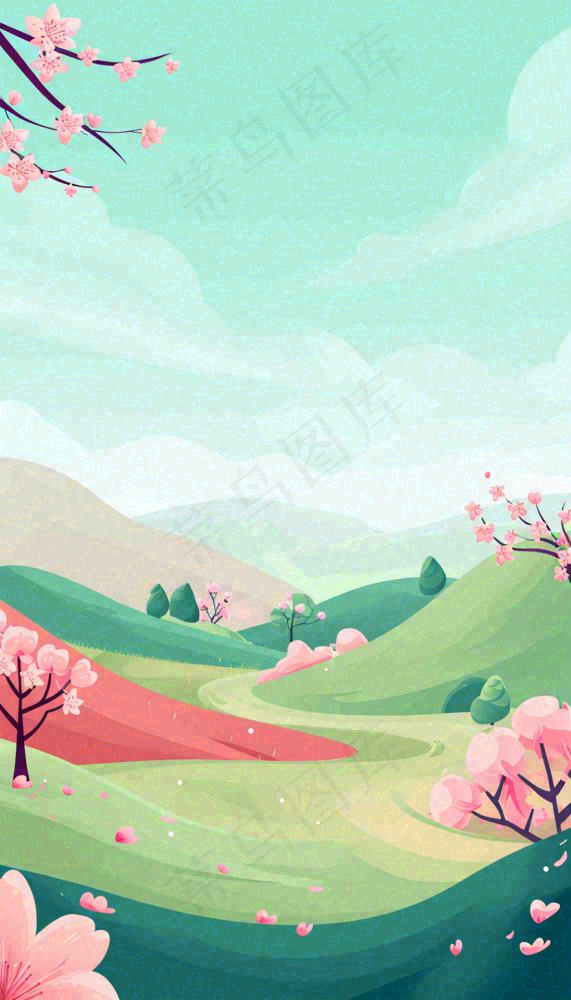 春天卡通手绘绿色的山景和开满粉红色画的树，春游，踏青，春分