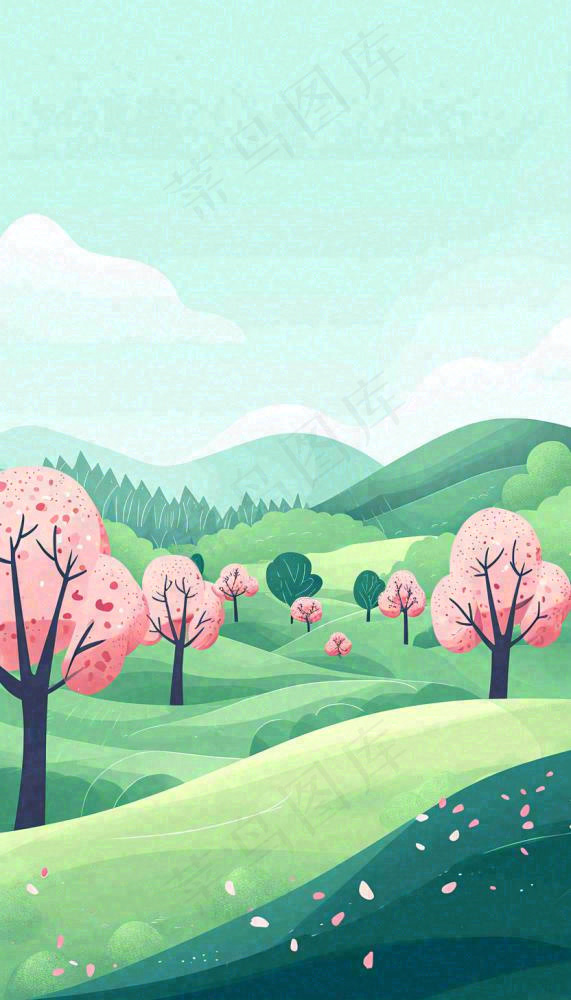 春天卡通手绘绿色的山景和开满粉红色画的树，春游，踏青，春分(832x1456)