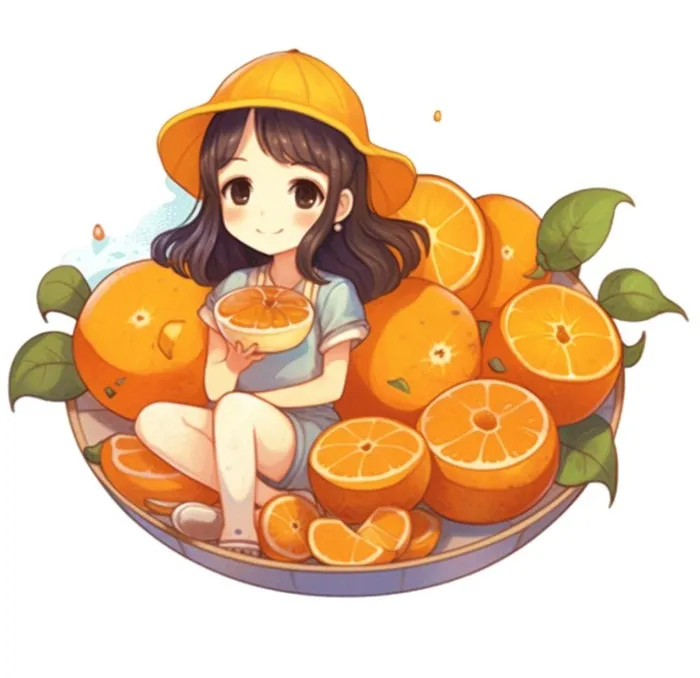 在橙子盘子里的女孩插画免抠(1056x1024)