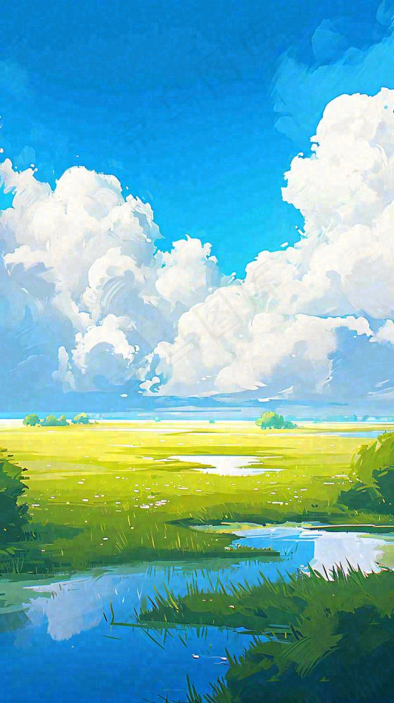 大自然湖面小溪草坪村庄蓝天白云，春天清新阳光(816x1456)