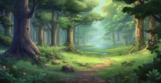 卡通插画山谷树林草坪野花