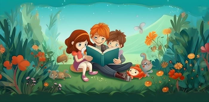 孩子们学生坐着草丛看书背景