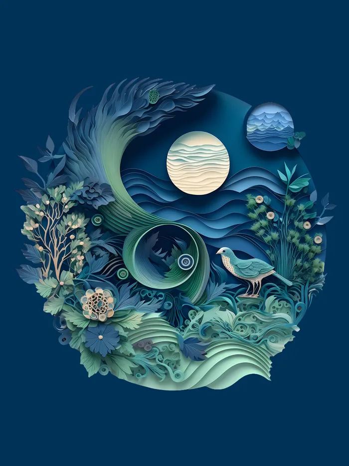 夜晚月下蓝色森林剪纸风数字艺术psd模版下载