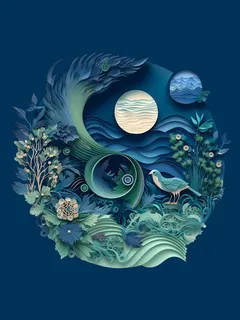 夜晚月下蓝色森林剪纸风数字艺术