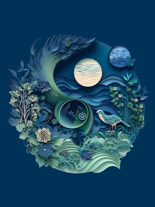 夜晚月下蓝色森林剪纸风数字艺术