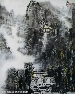 国画名家作品-李可染的烟雨桥亭