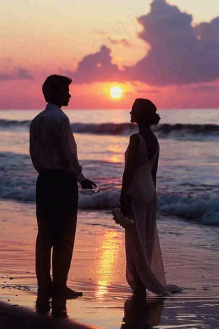 落日海边沙滩情侣散步，爱情520情人节婚纱照