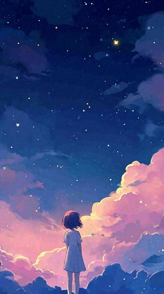 闪烁夜晚浪漫少女仰望星空粉紫色，银河月亮(816x1456)