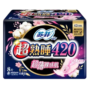 苏菲超熟睡棉柔表层夜用卫生巾420mm8片(新老包装随机)超市商品白底图免抠实物摄影png格式图片透明底