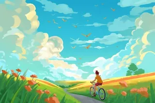 晴天草地踏青自行车游玩插画背景