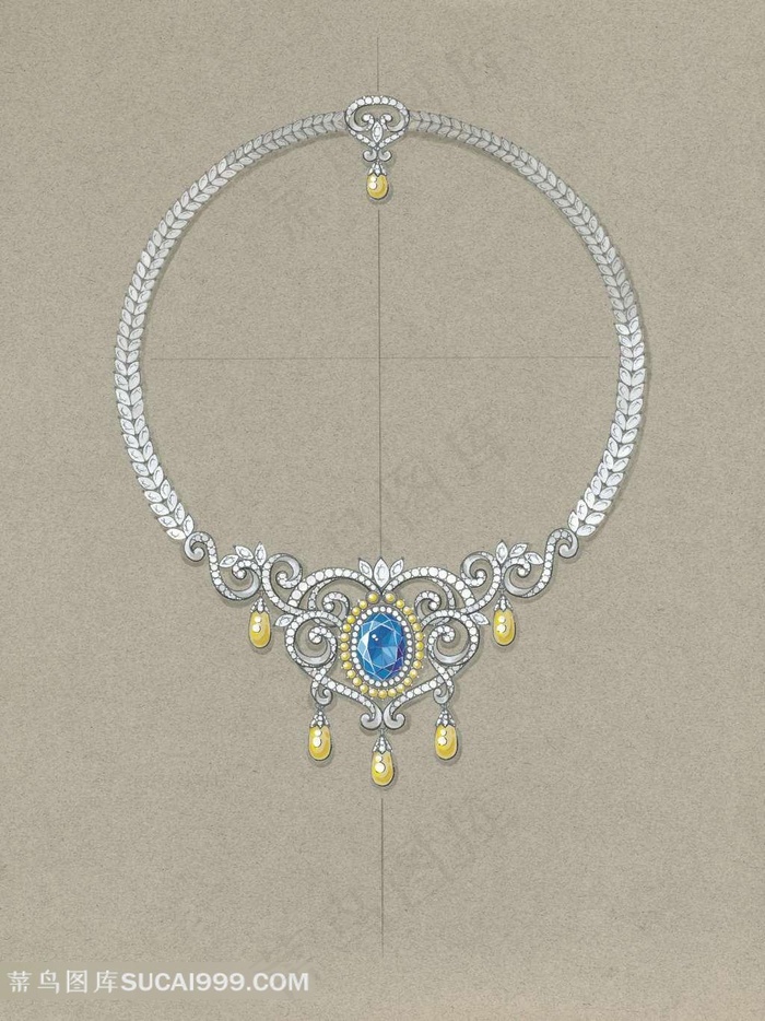 珠宝手绘图黄蓝宝钻石项链