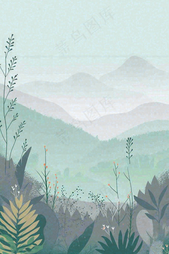 青绿山脉树木小草扁平插画手绘(896x1344)