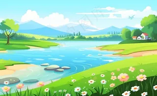 乡村村庄美丽风景河流插画农田插画背景