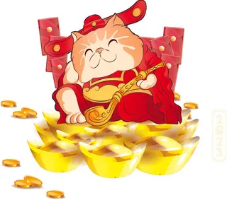 手绘卡通财神猫金币挂画