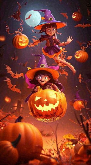 梦幻黑色万圣节恐怖南瓜，夜晚卡通动漫插画