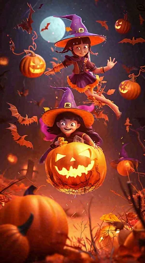 梦幻黑色万圣节恐怖南瓜，夜晚卡通动漫插画
