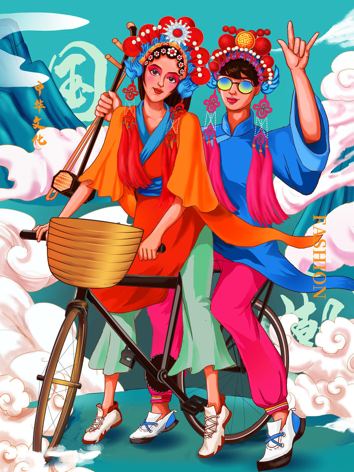 手绘中国风国潮京剧戏曲人物插画古风国粹花旦ai矢量ps设计素材图