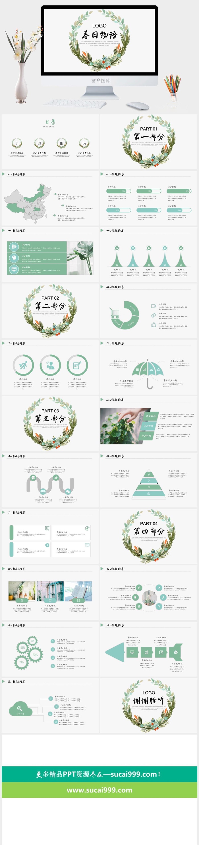 日系文艺花环边框年终介绍营销总结PPT模板