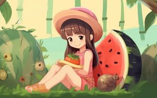 坐着西瓜草地的女孩插画背景