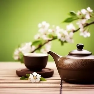 茶壶杯子梨花绿色背景