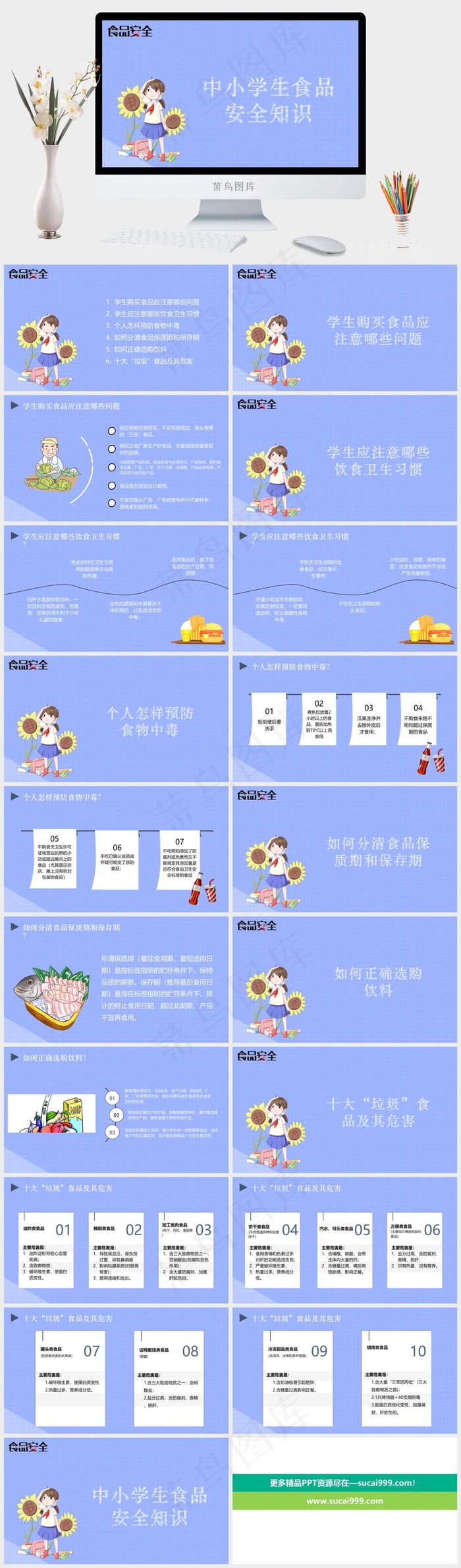 蓝色简约卡通风中小学生食品安全知识ppt模版