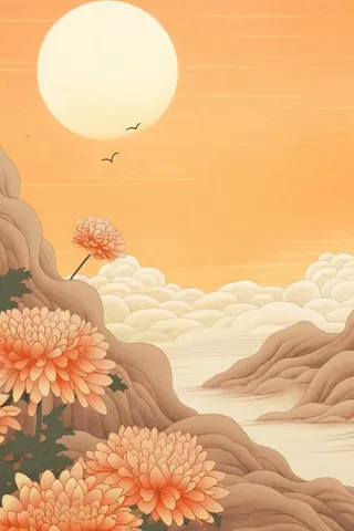 意境橙色菊花山脉插画海报背景