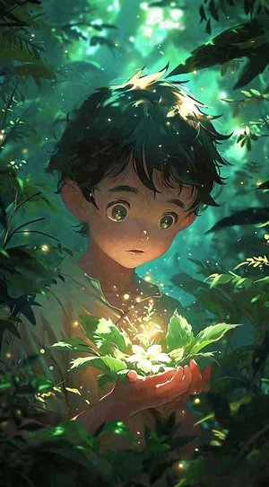 森林探险阳光绿叶男孩儿童，玩耍光照，插画手绘