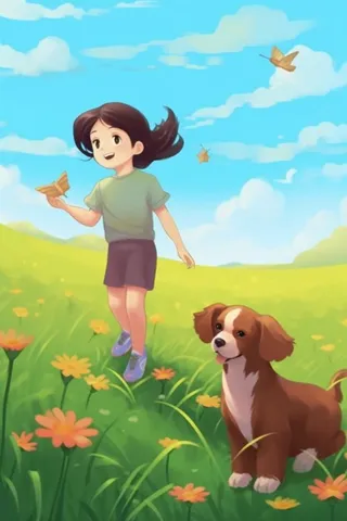 草坪儿童小狗玩耍蝴蝶插画背景